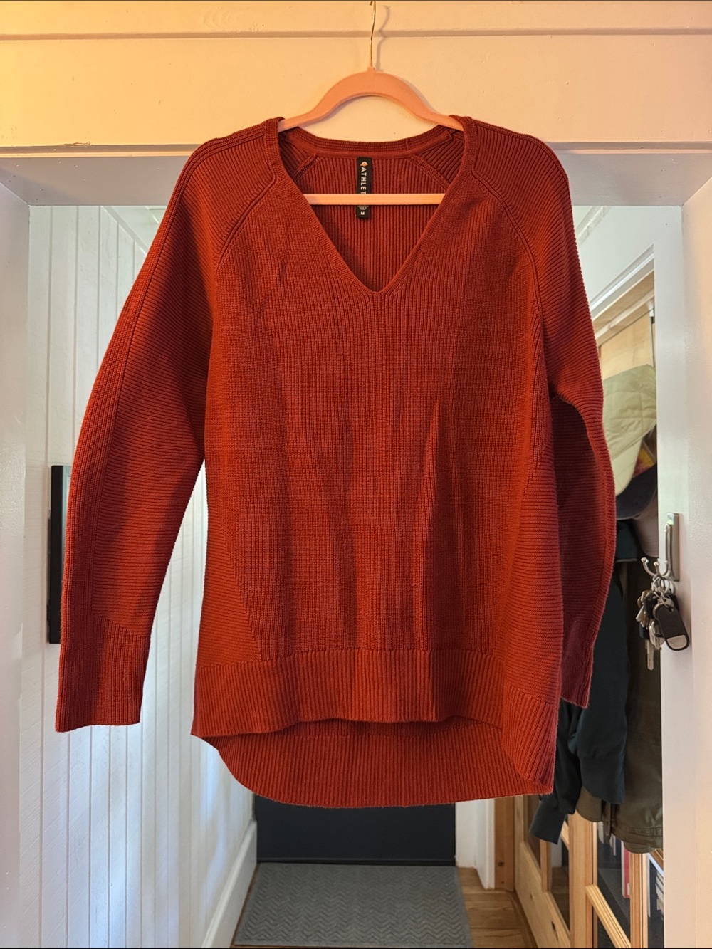 Athleta Rust Red V-Neck Ribbed Sweater